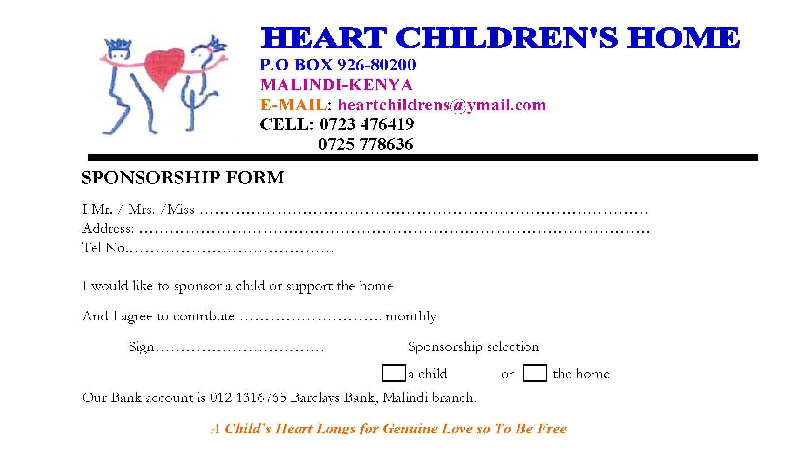 Heart Childrens home - Sponsorship form 2